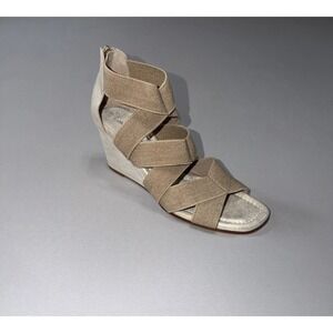 Donald Pliner Tan Metallic Lelle Strappy Zip Back Peep Toe Wedge Women's 9.5M